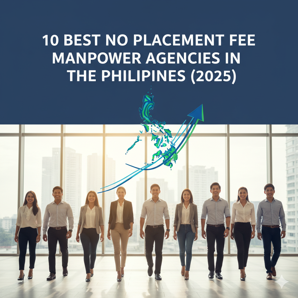 Create article feature image: Act as a graphic designer and create a professional blog article feature image using the text below. Add image to make it professional Text to use: 10 Best No Placement Fee Manpower Agencies in the Philippines (2025)